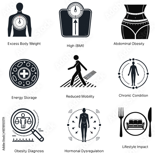 Obesity Vector Icon Minimalist Black Metabolic Chronic Condition , transparent background