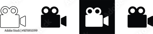 Set of four movie camera icons featuring thin outline solid black and white silhouette versions on white background.