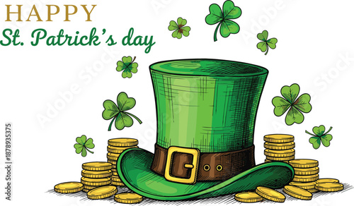 Detailed vintage sketch vector for Happy St. Patrick's Day featuring a green hat, gold coins, and clovers.