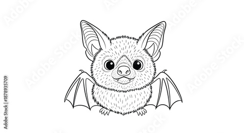Extremely cute and detailed black and white line art illustration of a fluffy baby bat with large eyes and spread wings on a white background.