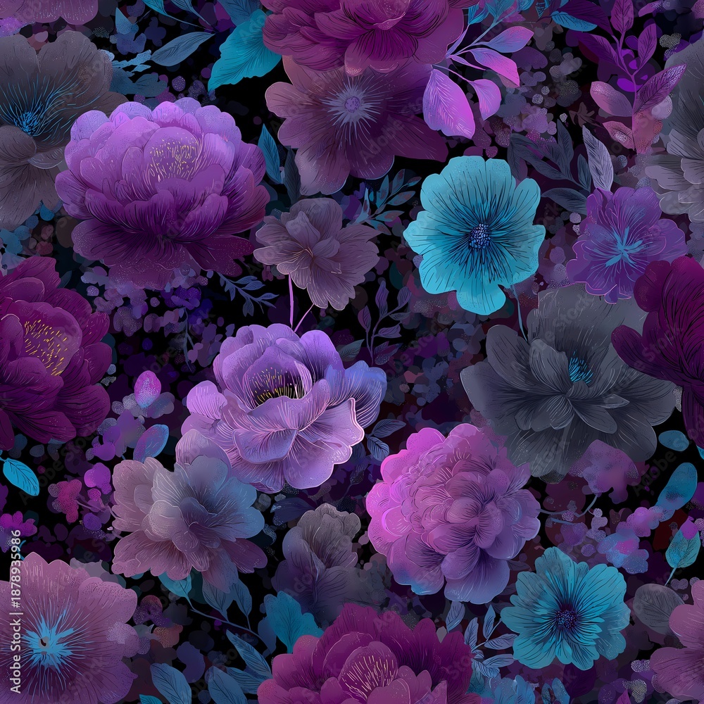 Obraz premium Seamless dark floral pattern with purple and blue flowers, decorative botanical background