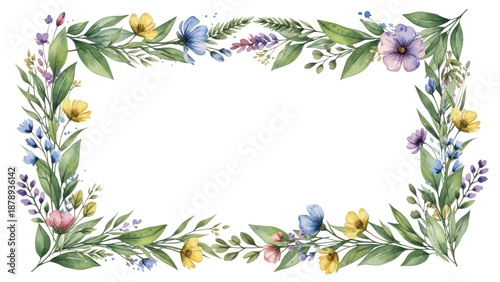 Watercolor floral seamless border. Hand painted frame of green leaves, wildflowers, field flowers, isolated on white background. Iillustration for design, print, background