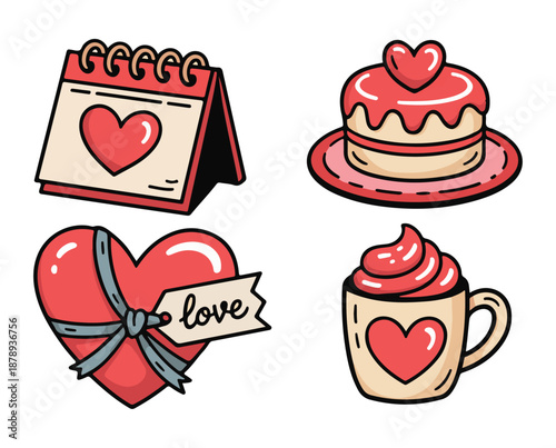 Valentines Day Icons with Heart Calendar, Cake, Gift and and Coffee Cup