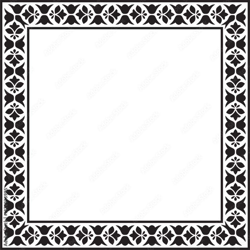 Obraz premium Vector black monochrome square national Indian ornament. Rectangle, border, ethnic Hindu frame.