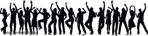 Group of happy people silhouettes dancing together, celebration party crowd, energetic teamwork concept, joyful festival background, social unity