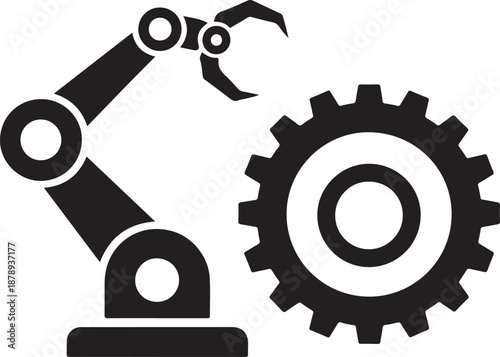 Black robotic arm with claw holding gear machine industrial