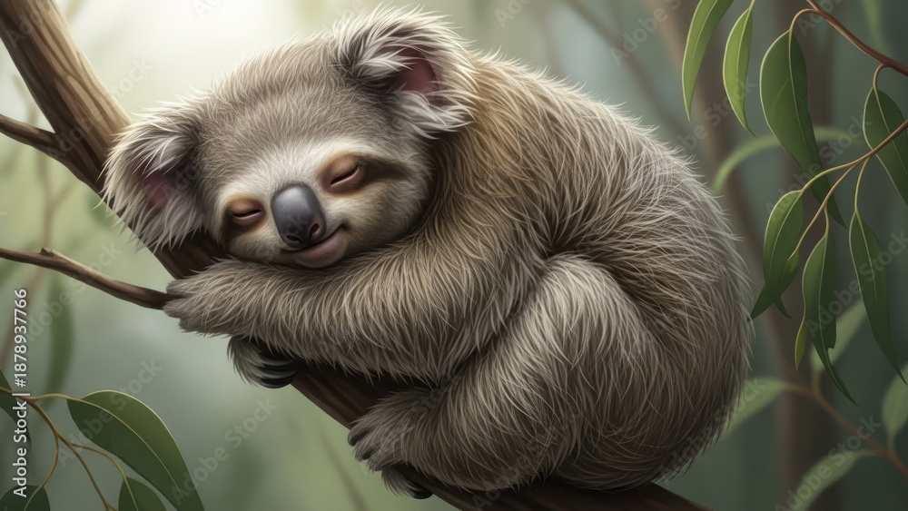 Fototapeta premium A koala bear sleeping on a tree branch in a forest setting.