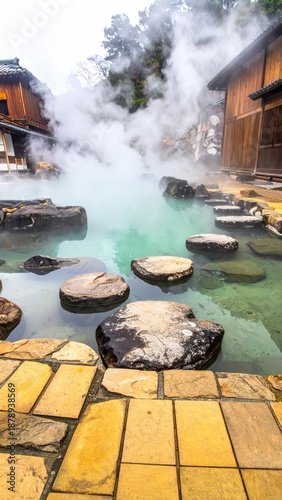 Steaming turquoise pool with stone path, building backdrop