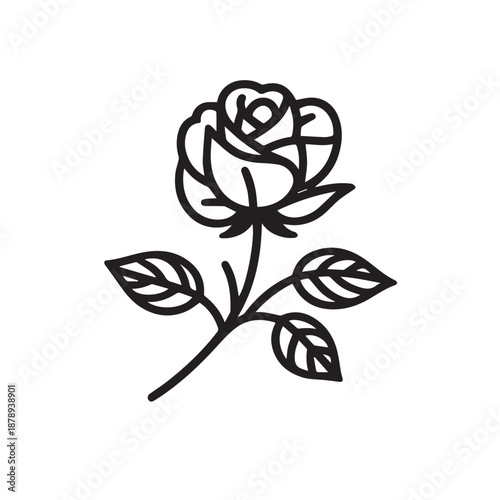 Simple rose outline with leaves in black and white line art vector
