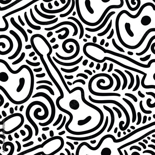 Hand drawn guitar doodle seamless pattern. Black and white doodle pattern.