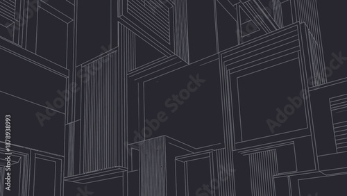 Abstract 3D line art drawing of modern futuristic city buildings and geometric shapes against a dark background, creating a complex architectural blueprint style pattern.