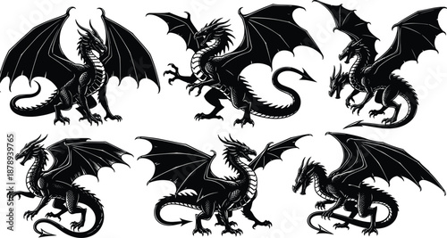 Set of dragon silhouettes in various mythical poses including flying and standing with wings isolated on white background for fantasy vector