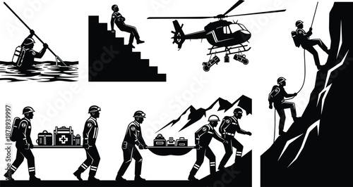 Set of Emergency Rescue Team Silhouettes, Paramedics with Stretchers, Mountain Climbing Medics, and Search Helicopter for Industrial Safety Graphic Design, Vector