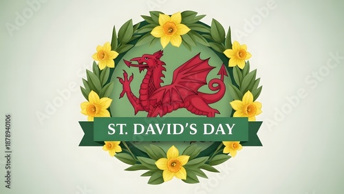 St david's day celebration with red dragon and daffodils emblem