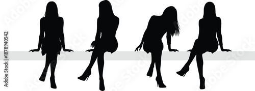 Set of elegant female silhouettes sitting on a bench in various graceful poses, fashion models, girl group, isolated on white background,