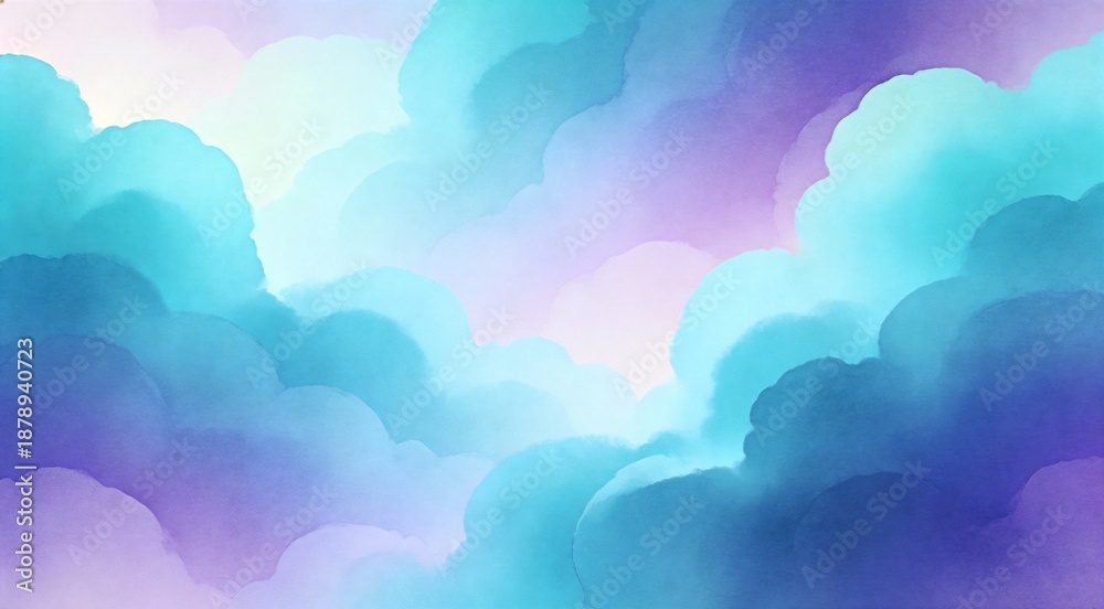 Fototapeta premium Artistic wallpaper pattern of colorful gradient clouds in turquoise and violet hues, smooth transiti