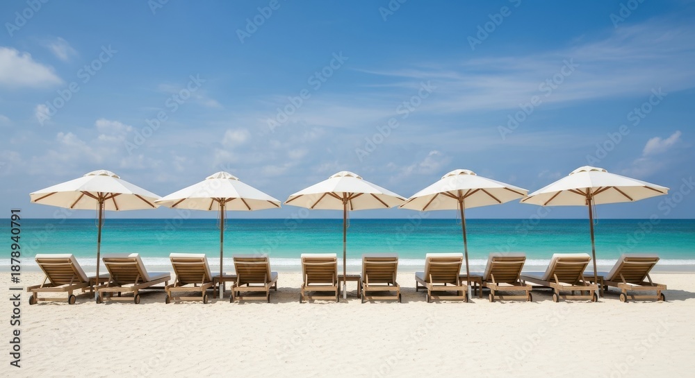 Fototapeta premium Five empty wooden lounge chairs sit beneath white sun umbrellas lined up on a bright tropical beach facing turquoise ocean water under a clear blue sky