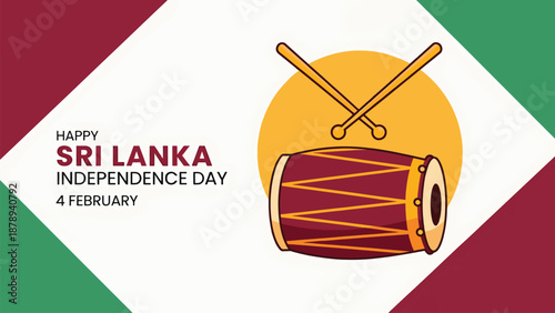 Happy Sri Lanka Independence Day greeting card with traditional drum and drumsticks on a flag-colored background.