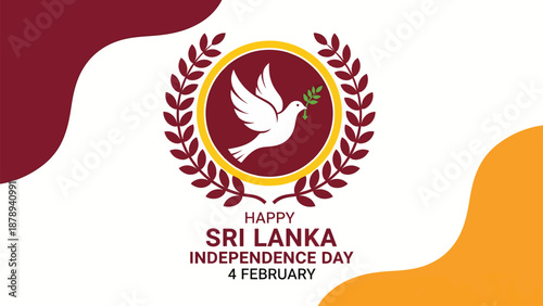 Happy Sri Lanka Independence Day banner with a dove holding an olive branch, laurel wreath, and abstract shapes.