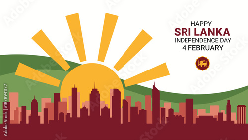 A vibrant illustration celebrating Sri Lanka Independence Day on February 4th, featuring a cityscape silhouette, rolling green hills, and a bright rising sun.