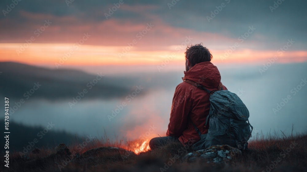 Fototapeta premium Man enjoying a scenic sunset after a hike