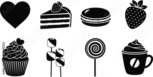 heart dessert sweet food cake cupcake macaron strawberry candy lollipop marshmallow coffee drink icon silhouette vector set collection minimal black
