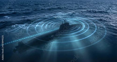 Submarine submerged in deep blue water emitting circular sonar pulses to detect surface vessels and underwater obstacles for naval defense.