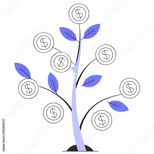 Purple plant with dollar coins on branches tree money