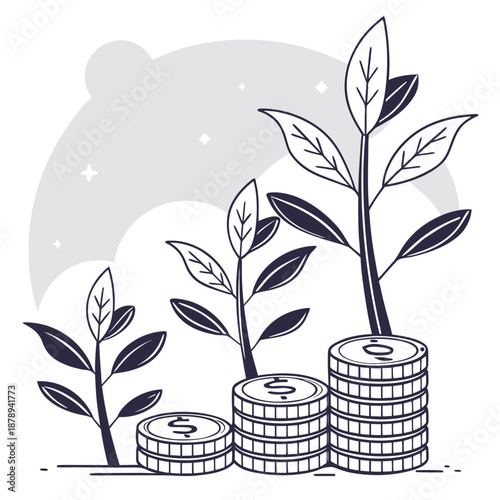 Stacked coins with growing plants from tallest to shortest