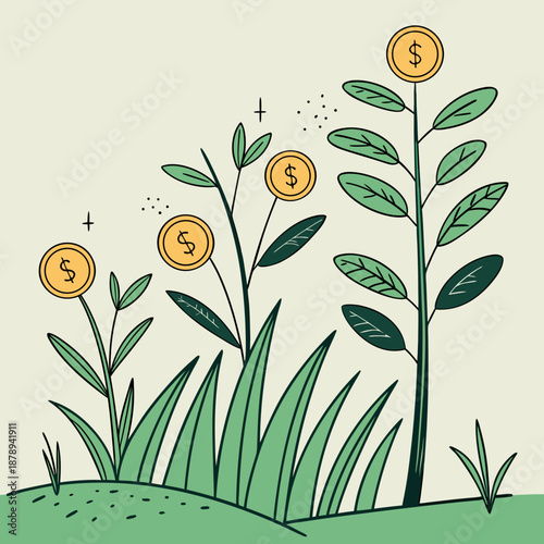Cartoon plants with dollar coins growing on them dollar sign