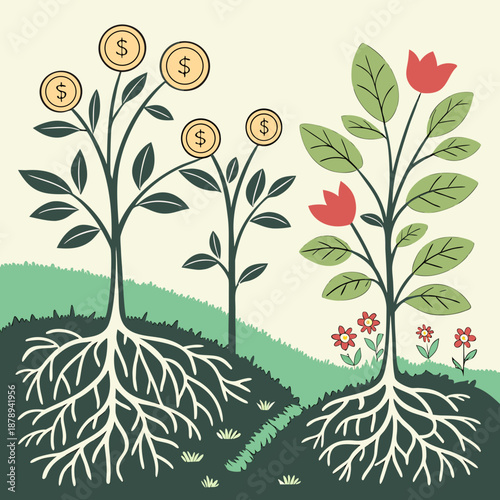 Cartoon plants with coins and flowers growing from ground