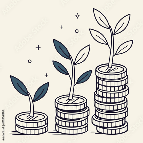 Stacked coins with growing plants coin stacks growth
