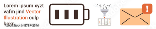 Energy usage, data organization, email alerts, digital communication, notifications, workflow. Battery icon, funnel filtering data alert email symbol. Energy usage and data organization illustration