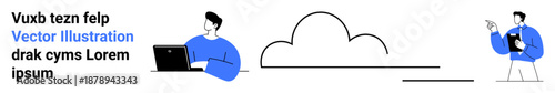 Cloud technology, collaboration, remote work, business, data sharing, digital innovation. Two professionals with laptops and cloud connections. Cloud technology and collaboration