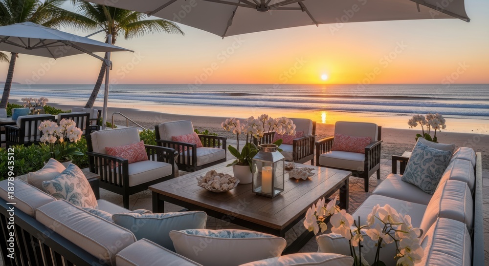 Obraz premium Elegant outdoor seating area overlooks serene ocean waves during a vibrant sunset