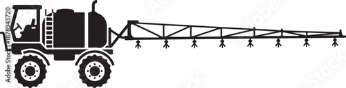 Black silhouette of a farm sprayer with a long boom tractor agricultural machinery