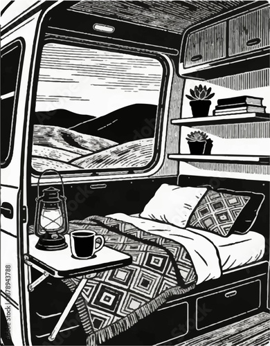 A black and white vector illustration in linocut style depicting the cozy interior of a campervan_02.
