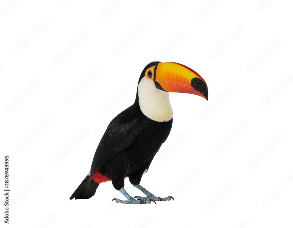 Fototapeta premium Toucan with vibrant orange beak perched, glossy black feathers and striking white throat