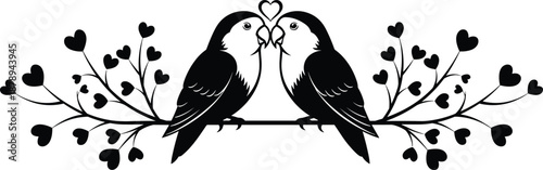 lovebirds, birds, couple, romance, love, heart, silhouette, nature, branch, floral, symmetry, romantic, valentines, wedding, relationship, affection, unity, harmony, devotion, together