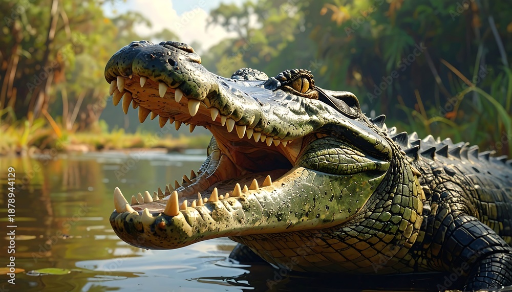 Fototapeta premium A close-up view of a large reptile with its mouth open, revealing sharp teeth, in a watery environment, with lush foliage