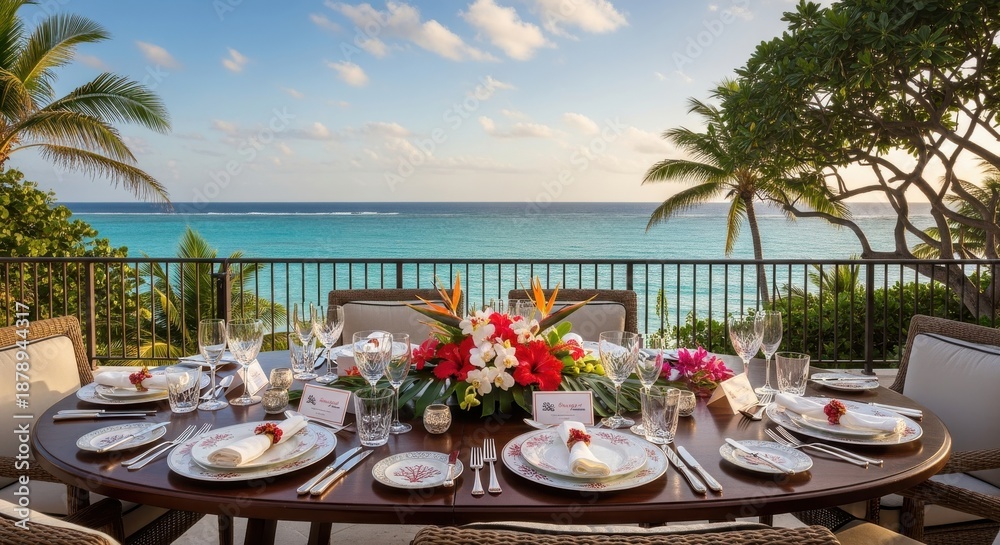 Fototapeta premium Elegant outdoor dining setup overlooks turquoise ocean waters under a bright sky