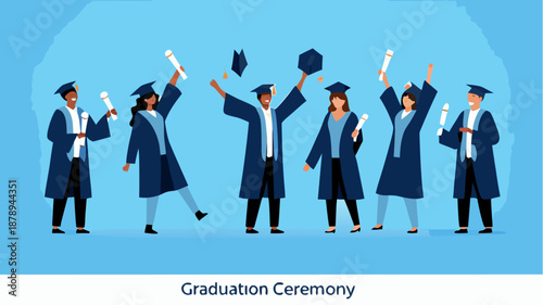 Diverse graduates celebrating with diplomas and caps in the air
