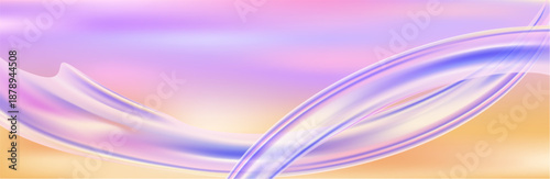 3D render of an abstract nature landscape featuring a transparent glossy glass ribbon floating on water. Holographic curved wave in dynamic motion with iridescent gradient reflections. Modern minimal 