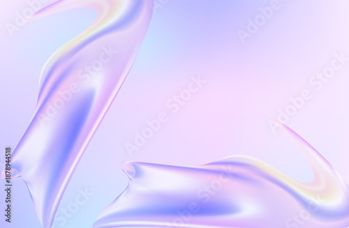 3D render of an abstract nature landscape featuring a transparent glossy glass ribbon floating on water. Holographic curved wave in dynamic motion with iridescent gradient reflections. Modern minimal 