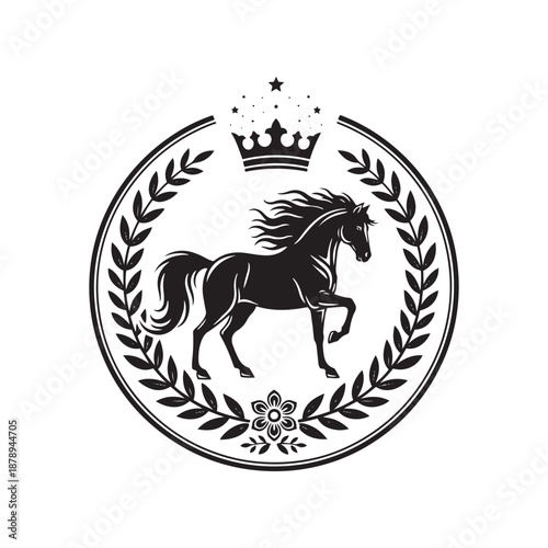 Elegant horse logo design with crown and laurel wreath