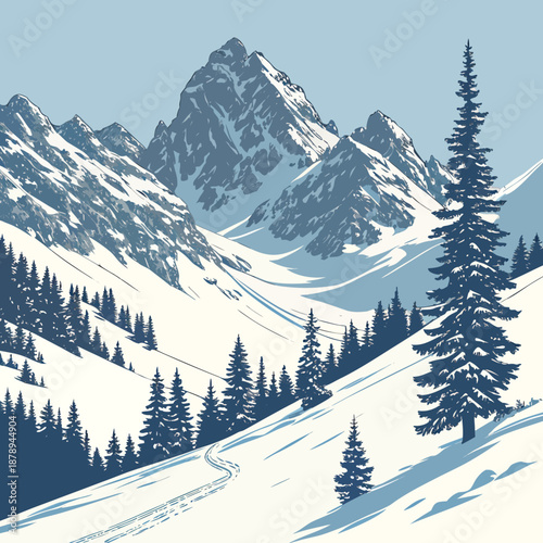 Snow covered mountain slopes with pine trees and ski tracks