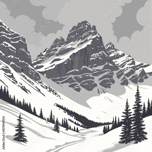 Snow covered alpine cliffs and trees mountains