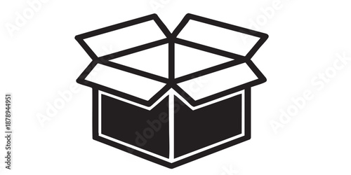 Open cardboard box vector icon, package delivery carton symbol, cargo concept, black outline and filled style, isolated on transparent background, simple modern design