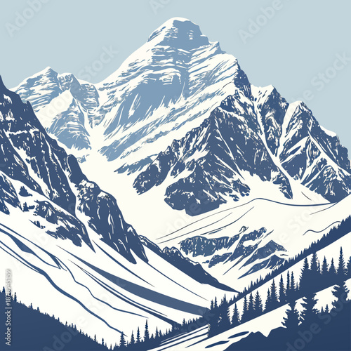 Snowy mountain peaks with trees ridges