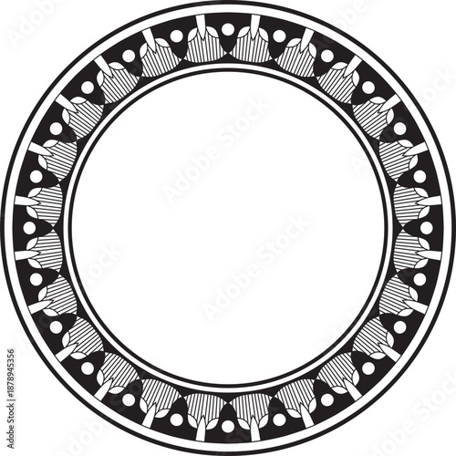 Vector black monochrome round Egyptian ornament. Circle, frame, ring of ancient Egypt.Pattern of lotus flowers and sun. Template for stained glass